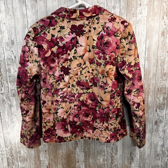 Coldwater Creek Floral Tweed Blazer Jacket Tan Orange Berry Floral Fall Colors M - Picture 4 of 4